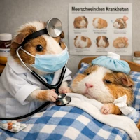 Tierarzt mit Mundschutz untersucht ein Meerschweinchen